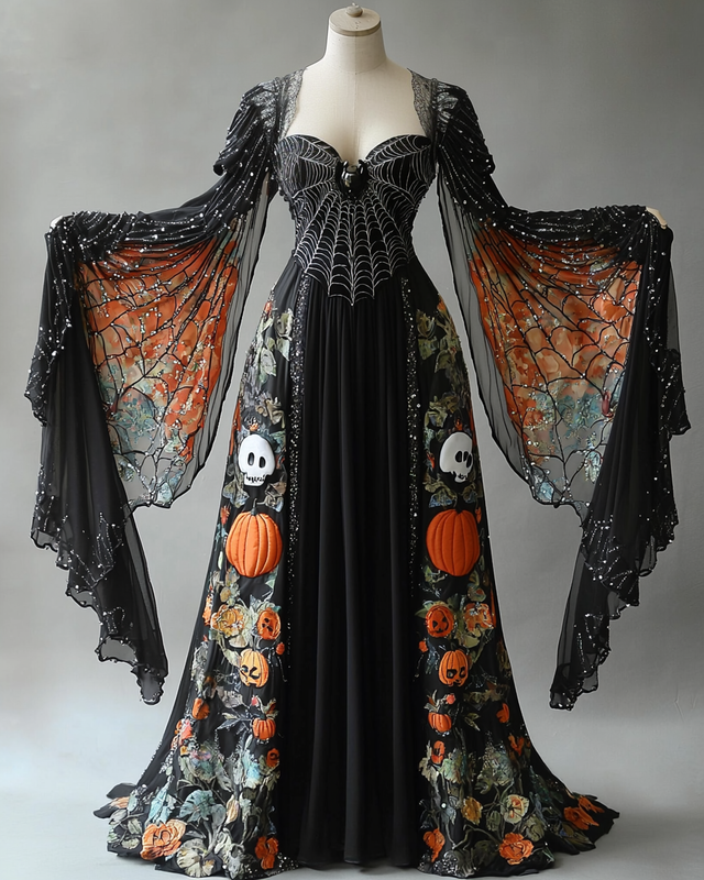 Women's Halloween Bat Wing Sleeve Contrast Cape Dress