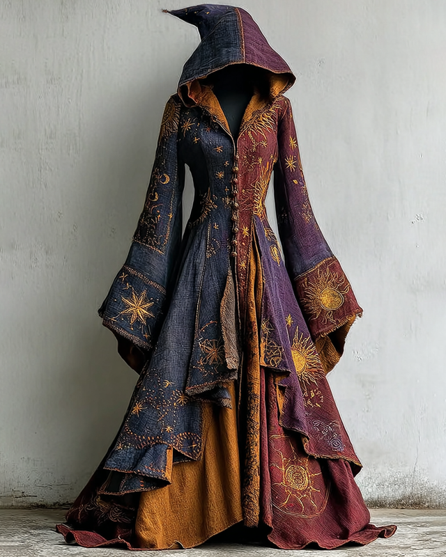 Halloween Themed Star And Moon Embroidery Patchwork Hooded Witch Dress