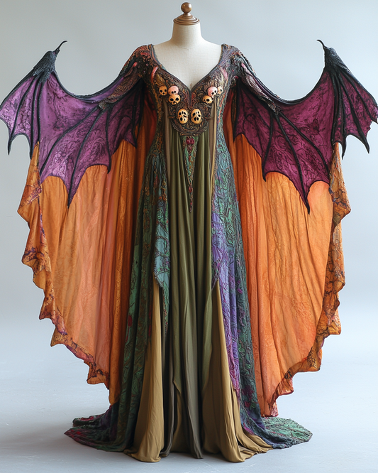 Women's Halloween Bat Wing Sleeve Contrast Cape Dress